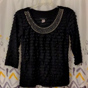 Janeric Black 3/4 Length Sleeve Ruffled Top with Metallic Accents, Size PL
